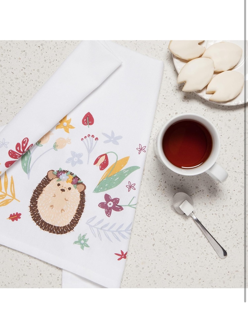 Whimsical Danica Jubilee Hedgehog Tea Towel - White with Pastel Floral Print NEW